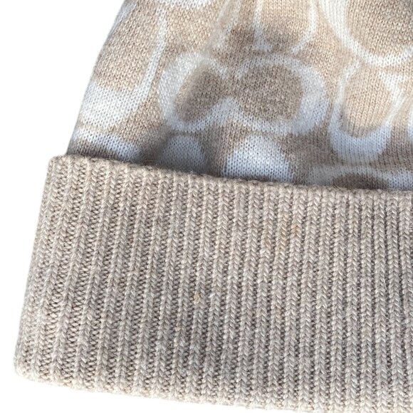 Coach Wool Cashmere Blend Jacquard Knit Signature Logo Cuffed Beanie Cream Tan - Picture 3 of 12
